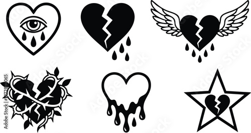 Black and white broken heart with tears and wings vector art set