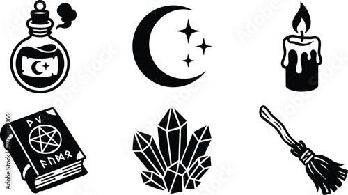 Black and white magic potion moon stars candle book crystals and broomstick vector art