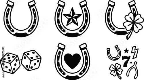 Black and white horseshoes with lucky symbols vector art collection