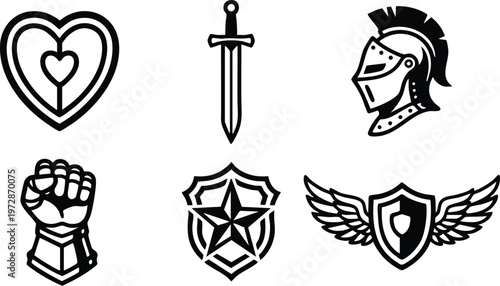 Black and white medieval knight helmet sword and shield icons vector art
