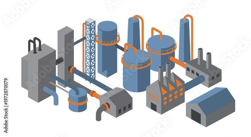 Isometric Industrial Plant with Various Processing Units and Pipelines.
