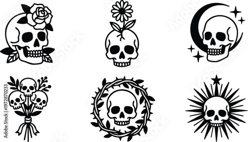 Black and white skulls with floral and celestial ornaments vector art