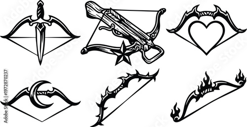 Black and white vintage crossbow and bow icon set with heart moon stars flames and dagger details
