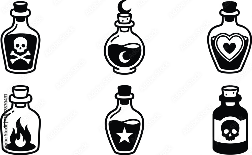 Naklejka premium Black and white potion bottles with skull heart flame moon star symbols vector art