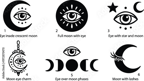 Black and white crescent moon and eye symbols with stars and lashes vector art