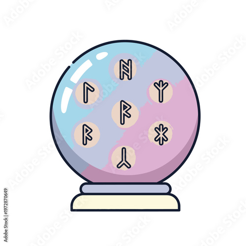 Crystal ball with glowing runes symbols.