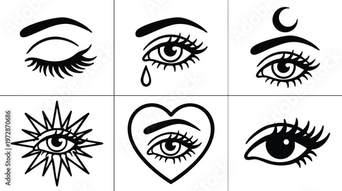 Black and white mystic eye icons with crescent moon heart and sun shapes vector art