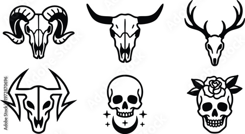 Black and white skulls with ram horn deer and floral rose decoration vector art