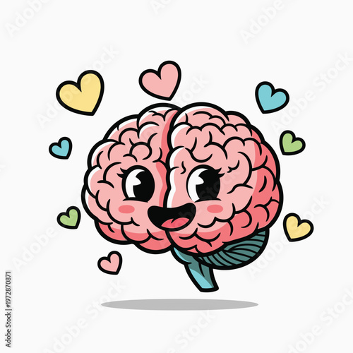 Cute cartoon brain with hearts.