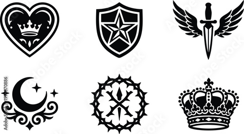 Black and white heraldic symbols including crowned heart shield star dagger wings crown and thorn wreath