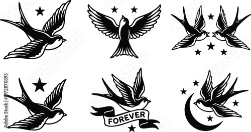 Black and white vintage swallow birds with stars and moon in classic tattoo style