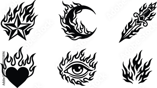 Black silhouette flaming star moon dagger heart and eye vector art