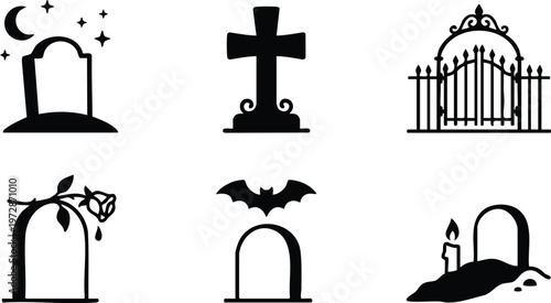 Black silhouette cemetery tombstones gates and decorations vector art