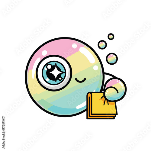 Colorful cartoon bubble character smiling.