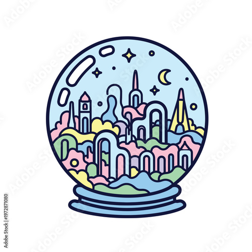 Fantasy cityscape inside crystal ball illustration.