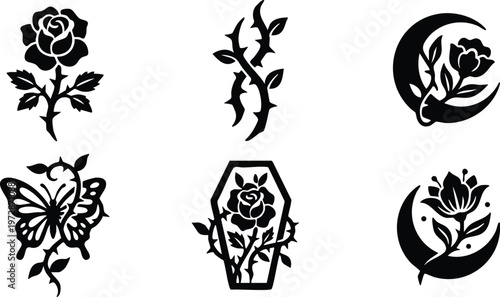 Black silhouette rose with thorns butterfly and moon floral icons set