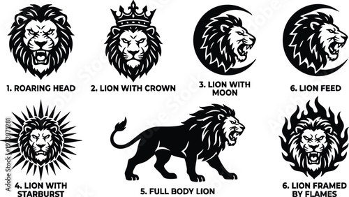 Black and white roaring lion head full body standing with crown starburst moon and flames vector art