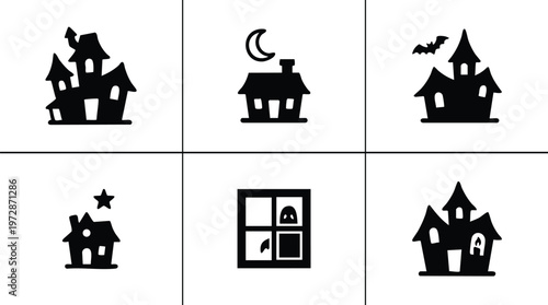Black and white spooky haunted houses with bat ghost and moon silhouette vector art