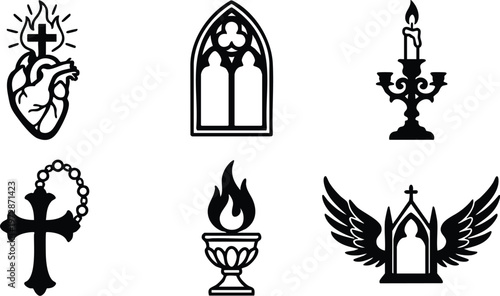 Black and white sacred heart cross window rosary candle flame wings religious icons