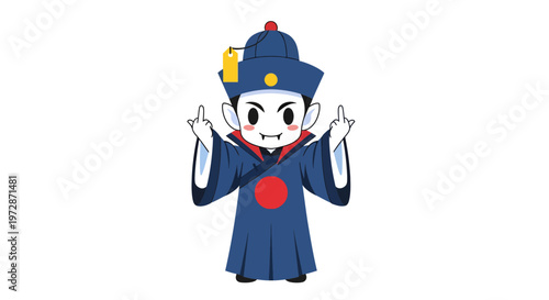 Playful Chibi Chinese Vampire Character with Rude Gesture Vector Illustration in Flat Cartoon Style for Humorous Halloween Designs and Spooky Undead Concepts