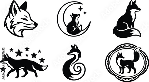Black silhouette fox icons with stars moon and decorative frame vector art