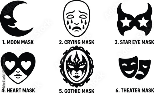 Six different theatrical mask icons with text labels