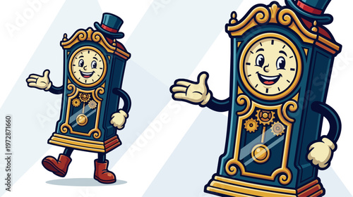 Cartoon clock characters smiling.