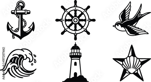 Black and white nautical icons anchor ship wheel wave lighthouse bird shell star vector art