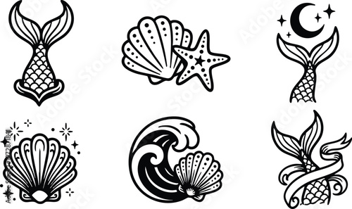 Black and white line art seashell starfish and mermaid tails vector collection