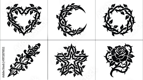 Black thorny vine shapes with heart moon star rose and dagger silhouette vector art