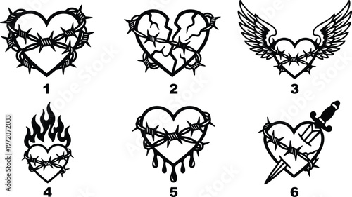 Black and white barbed wire hearts with flames wings and dagger vector line art