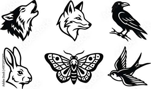 Howling wolf fox head raven rabbit butterfly and swallow bird