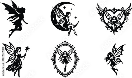 Black silhouette fairy collection with wings and magical poses