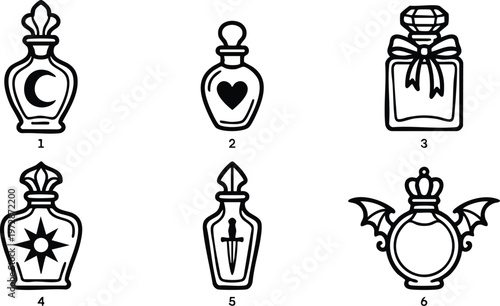 Black and white line art magical potion bottles with moon heart star dagger and wing motifs