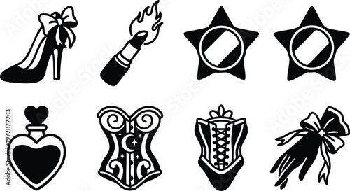 Black and white icon set of corset perfume bottle high heel lipstick and gloves vector art illustration