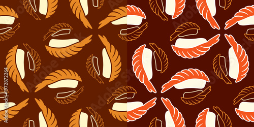 seamless pattern of sushi background vector illustration. two style of nigiri ebi sushi seamless pattern vector illustration. japanese sushi food icon illustration