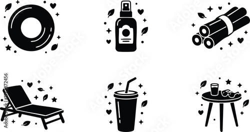 Black spa and relaxation icon set with towel spray cinnamon lounge chair drink and table