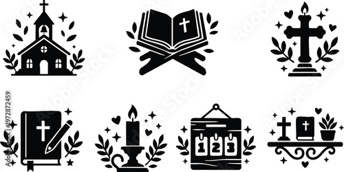 Black and white christian symbols including church bible candle and cross vector art