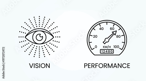 Vision and Performance Business Icons, Black Line Art Style, Vector EPS