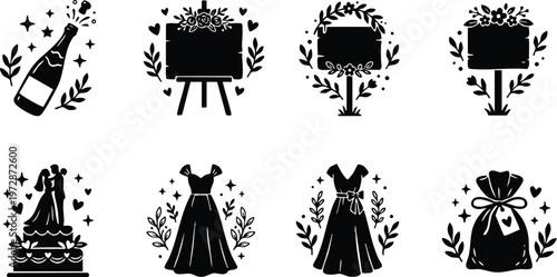 Black silhouette wedding icons with champagne dress cake and floral signs