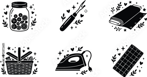 Black and white sewing tools with button jar and iron vector art