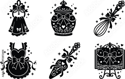 Black and white ornate kitchen apron jar whisk and cookbook icons with bows