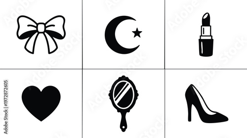 Black and white icons of bow star crescent lipstick heart mirror and high heel