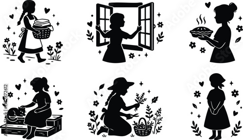 Black and white silhouette girls doing household chores and gardening vector art