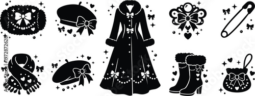 Black and white winter coat boots hat scarf and accessories vector art
