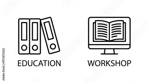 Education and workshop icons, vector line style, black and white, business training concept