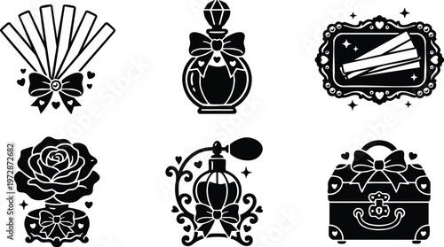 Black and white vintage perfume bottles and decorative beauty accessories vector art