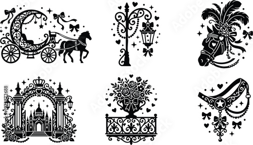 Black and white ornate fairytale carriage horse lantern and castle gate vector art