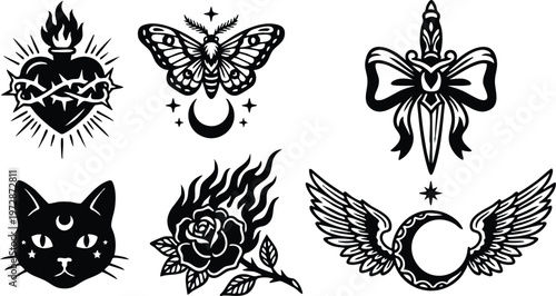 Black and white mystical icons with heart dagger butterfly cat flaming rose and winged moon