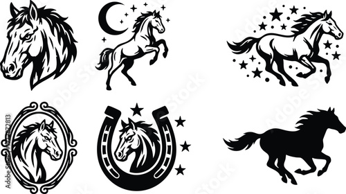 Black and white horse head and running horse silhouettes with stars and horseshoe vector art
